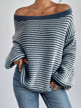 Contrast Color Split-Joint Striped Long Sleeves Loose Off-The-Shoulder Sweater Tops Pullovers