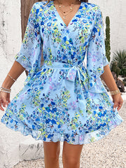 Flower Print Ruffle Trim Split-Joint Tied Waist Flared Sleeves Half Sleeves V-neck Mini Dresses