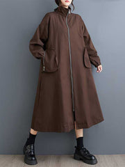 Elasticity Pockets Split-Joint Zipper Long Sleeves Loose High Neck Trench Coats Outerwear