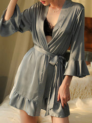 Falbala Ribbed Solid Color Loose V-neck Robes Intimates&Pajamas