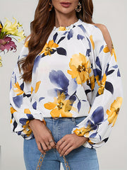 Elasticity Flower Print Pleated Long Sleeves Loose Cold Shoulder Blouses&Shirts Tops