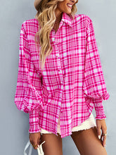 Buttoned Contrast Color Elasticity Plaid Long Sleeves Loose Lapel Blouses&Shirts Tops
