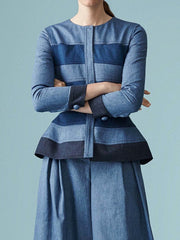 Printed Striped Zipper Long Sleeves Round-neck Blouses&shirts Tops