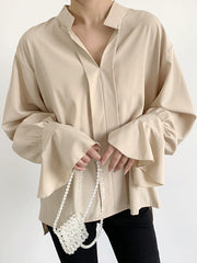 Buttoned Solid Color Split-Side Flared Sleeves High-Low V-Neck Blouses&Shirts Tops