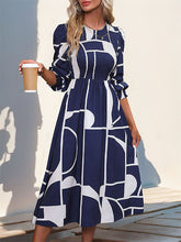 Elasticity Printed Split-Joint A-Line High Waisted Round-Neck Midi Dresses