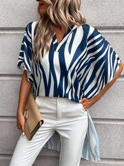 Striped Batwing Sleeves High-Low V-Neck T-Shirts Tops