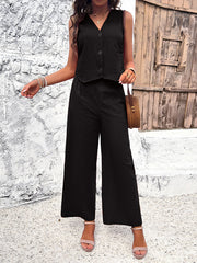 Buttoned Solid Color Loose Sleeveless V-Neck Vest Top + Pockets Elasticity Two Pieces Set