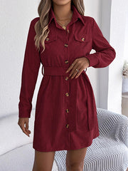 Belted Buttoned Single-Breasted Solid Color Elasticated Waist Long Sleeves Lapel Collar Shirt Dress Mini Dresses