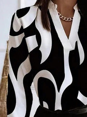 Printed Striped Long Sleeves Loose V-Neck Blouses&Shirts Tops