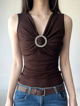 Pleated Solid Color Sleeveless V-Neck Vest Top