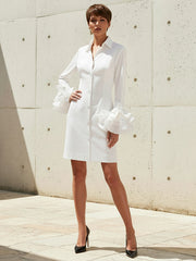 Flared Sleeves Long Sleeves Buttoned Solid Color Lapel Mini Dresses