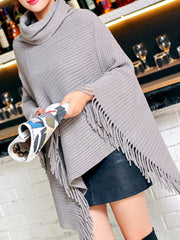 Asymmetric Keep Warm Solid Color Tasseled Loose High Neck Shawl&Cloak Cape