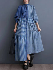 Asymmetric Buttoned Contrast Color Split-Joint Striped Tied Waist High Waisted Long Sleeves Mock Neck Midi Dresses
