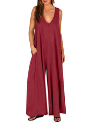 Pockets Solid Color Loose Sleeveless V-neck Jumpsuits
