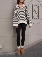 Split-Joint Striped Long Sleeves Loose Lapel Sweater Tops