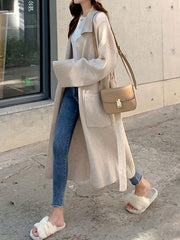 Pockets Solid Color Tied Waist Long Sleeves Loose Notched Collar Cardigan Coats