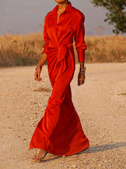 Solid Color Long Sleeves Loose Lapel Collar Maxi Shirt Dresses