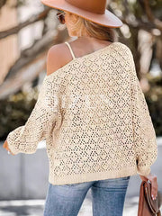 Hollow Solid Color Long Sleeves Loose Asymmetric Collar Sweater Tops Pullovers