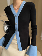 Original Long Sleeves Skinny Buttoned Contrast Color V-Neck Cardigan Tops