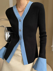 Original Long Sleeves Skinny Buttoned Contrast Color V-Neck Cardigan Tops