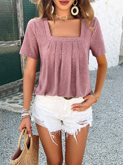 Hollow Pleated Solid Color Loose Short Sleeves Square-Neck T-Shirts Tops