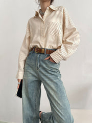 Split-Joint Striped Long Sleeves Loose Lapel Blouses