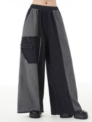 Contrast Color Elasticity Fringed Split-Joint High Waisted Loose Jean Pants Bottoms
