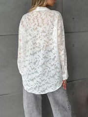 Jacquard See-Through Split-Joint Long Sleeves Loose Lapel Blouses&Shirts Tops