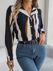 Buttoned Contrast Color Printed Long Sleeves Loose Notched Collar Blouses&Shirts Tops