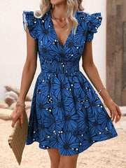Elasticity Flower Print A-Line Loose V-Neck Mini Dresses