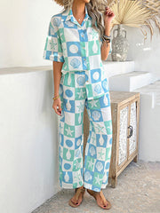 Lapel Loose Buttoned Contrast Color T-shirt Top + Elasticity Pockets High Waisted Pants Bottom Two Pieces Set