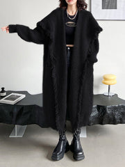 Fringed Pockets Solid Color Long Sleeves Loose V-Neck Cardigan Coats