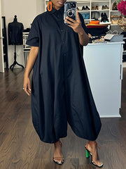 Half Sleeves Loose Buttoned Elasticity Pockets Solid Color Lapel Jumpsuits