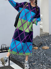 Contrast Color Plaid Split-Joint Long Sleeves Loose Round-Neck Sweater Dresses Midi Dresses