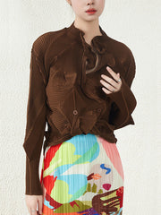 Original Creation Irregularity Long Sleeves Buttoned Pleated Solid Color Outerwear