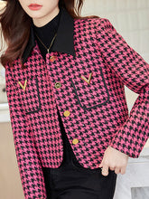 Buttoned Houndstooth Pockets Split-Joint Long Sleeves Plus Size Lapel Outerwear