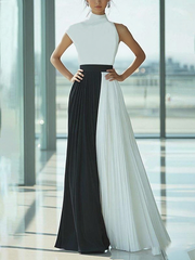 High Waisted Loose Contrast Color Pleated Mock Neck Maxi Dresses
