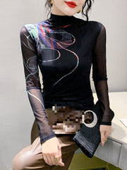 Printed See-Through Split-Joint Long Sleeves Plus Size High Neck T-Shirts
