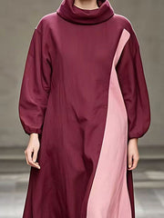 Contrast Color Split-Joint Loose Puff Sleeves High Neck Maxi Dresses