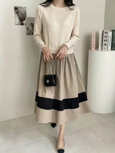 Pleated Split-Joint A-Line Long Sleeves Round-Neck Midi Dresses