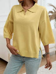 Solid Color Half Sleeves Loose Lapel Sweater Tops Blouses&Shirts Tops