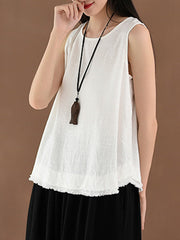 Fringed Solid Color Loose Sleeveless Round-Neck Vest Top