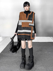Contrast Color Geometric Split-Joint Striped Loose Sleeveless V-Neck Vest Top Outerwear