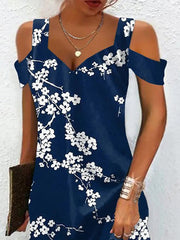 Flower Print Hollow A-Line High Waisted Cold Shoulder Mini Dresses