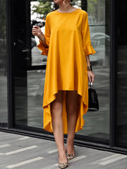 Hollow Solid Color Split-Joint Flared Sleeves Half Sleeves Round-Neck Midi Dresses