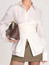 Pleated Solid Color Split-Joint Tiered Long Sleeves Plus Size Lapel Blouses&Shirts Tops