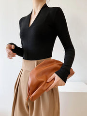 Solid Color Long Sleeves Skinny V-Neck T-Shirts Tops