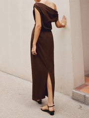 Pleated Solid Color Split-Back Split-Joint Loose Off-The-Shoulder Maxi Dresses