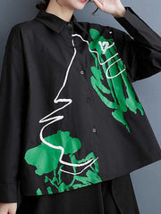 Buttoned Printed High-Low Long Sleeves Lapel Blouses&Shirts Tops