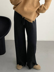Fringed Pleated Solid Color Split-Joint Tied Waist High Waisted Loose Trousers Pants